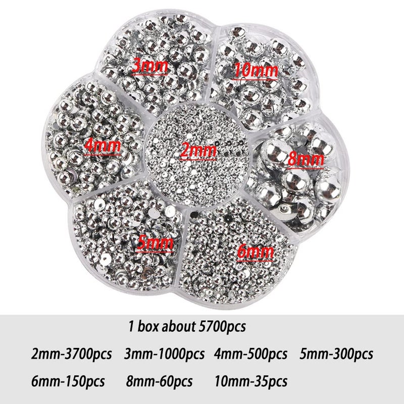 BLAAROOM 5800 Pcs Half Pearls for Crafts, Flatback Pearls for Artwork Making, DIY Rhinestones Accessory Nail Art, Face Gems Jewels - Silver - Image 2